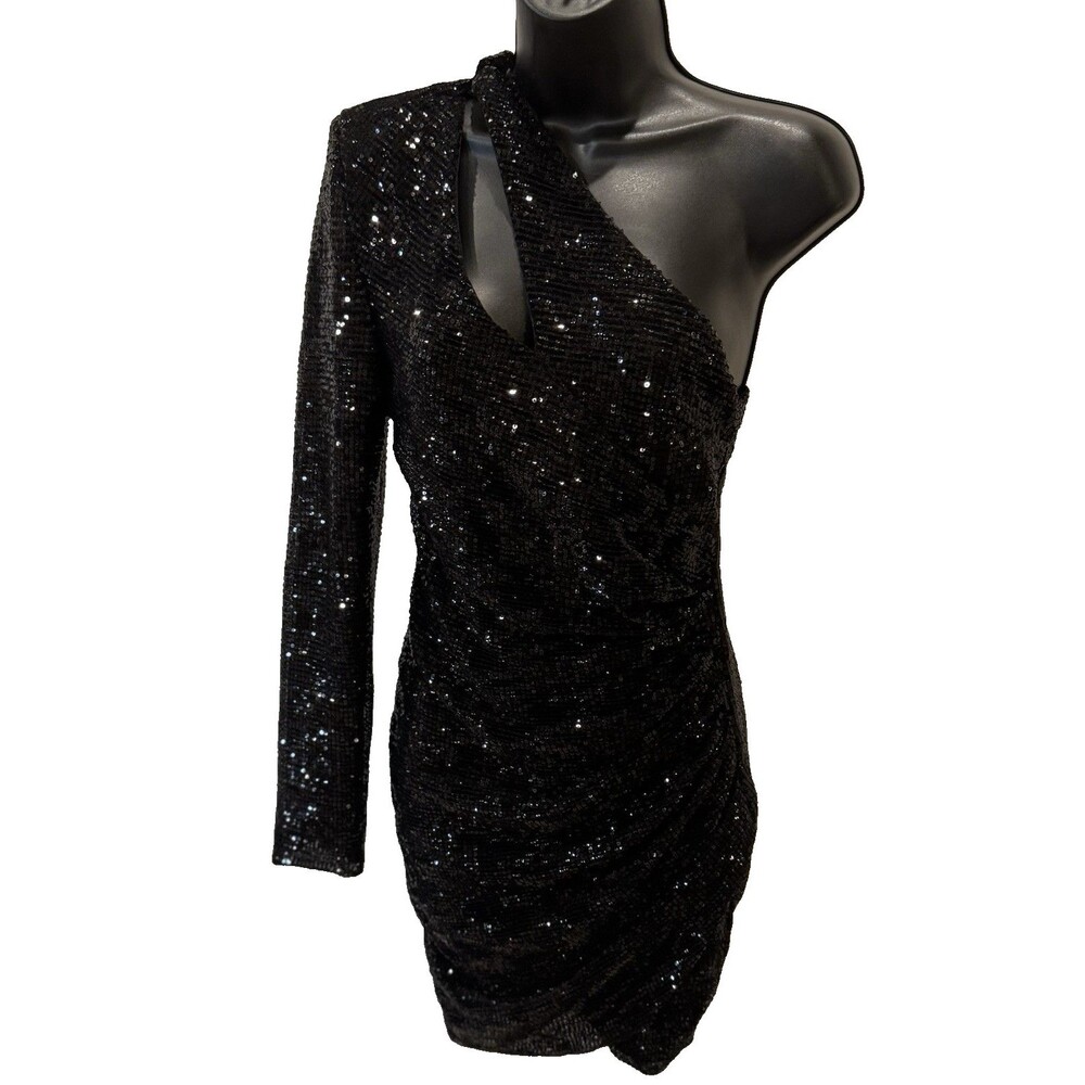 LBD by Design Womens One Shoulder Cocktail Dress Size M Sequin Black Ruched